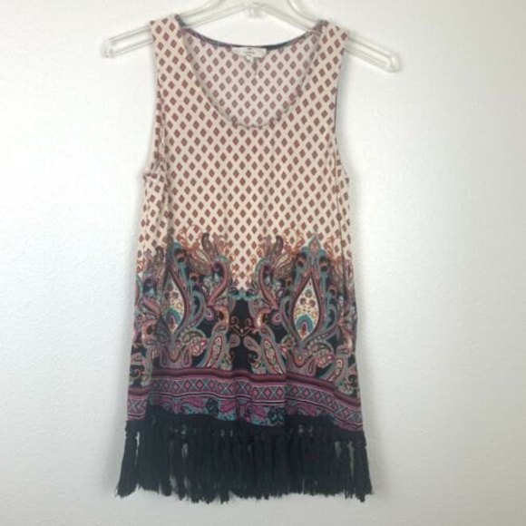 entro Tops - Entro Small Sleeveless Paisley Tassles Fringe Tank Top Tunic Boho Western Rodeo